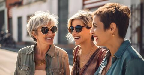 een foto van drie diverse volwassen vrouwen van middelbare leeftijd in moderne, stijlvolle kleding die in de zomer